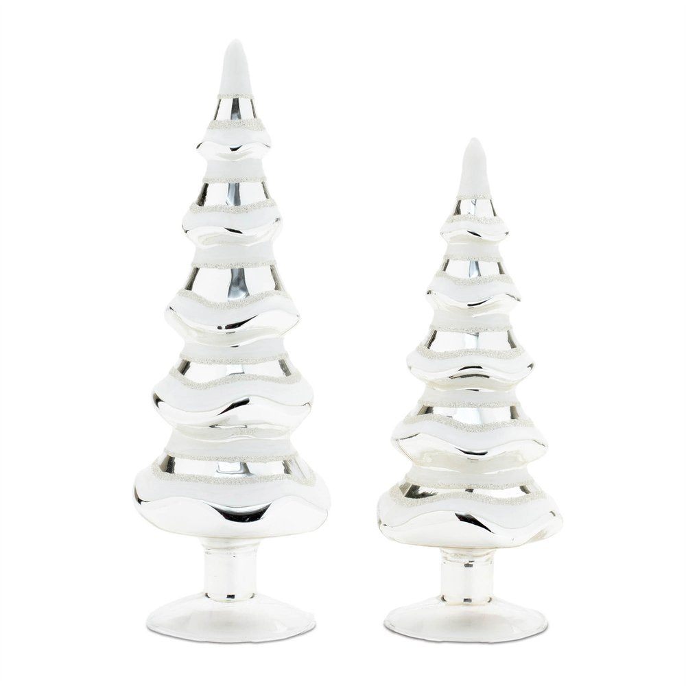 Set of Two Silver And White Glass Trees Tabletop Sculpture HomeRoots