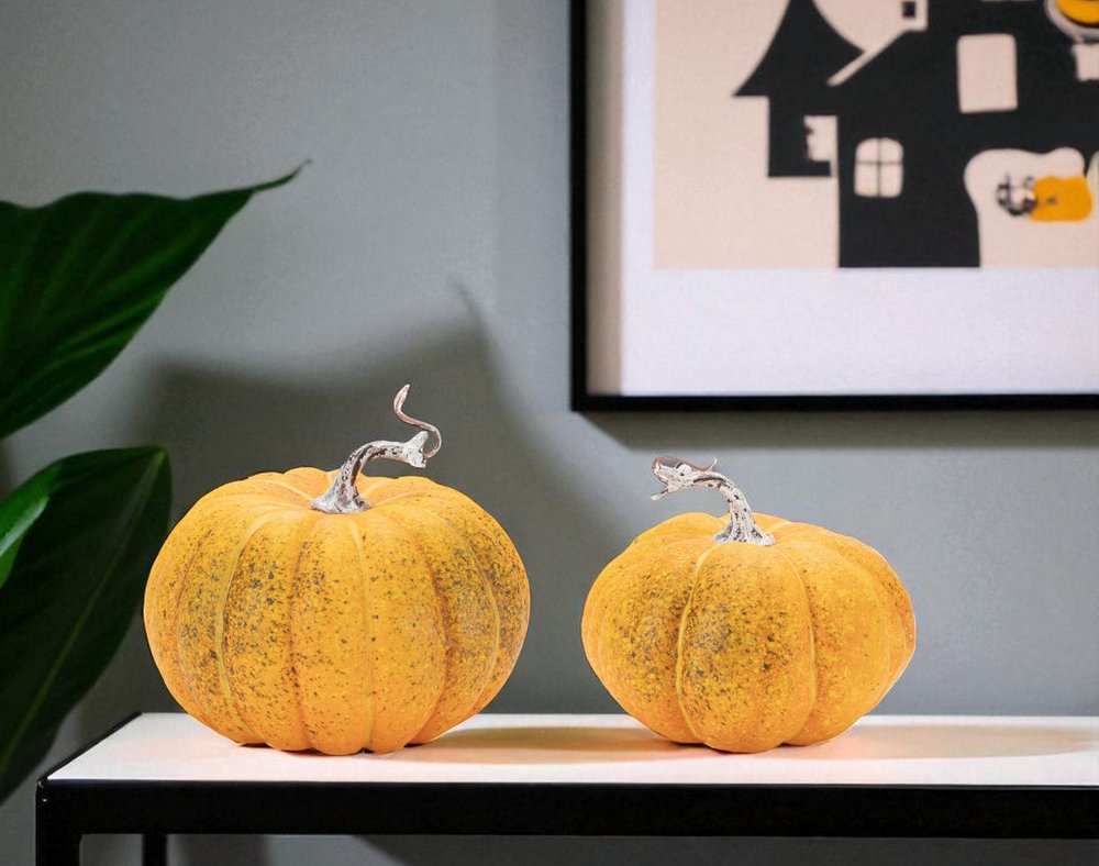 Set of Two Orange And Green Plastic Pumpkin Thanksgiving Pumpkin Tabletop Sculpture HomeRoots