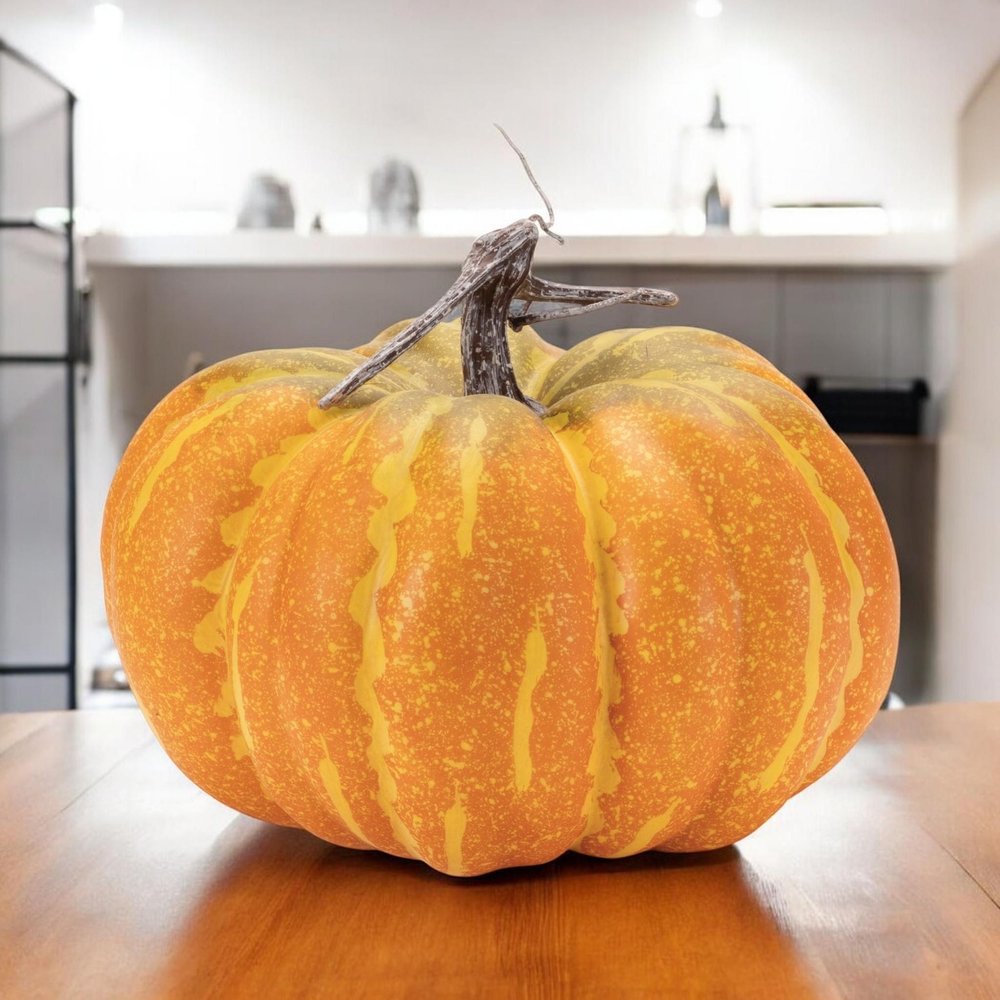 Set of Two Orange And Yellow Plastic Pumpkin Thanksgiving Pumpkin Tabletop Sculpture HomeRoots
