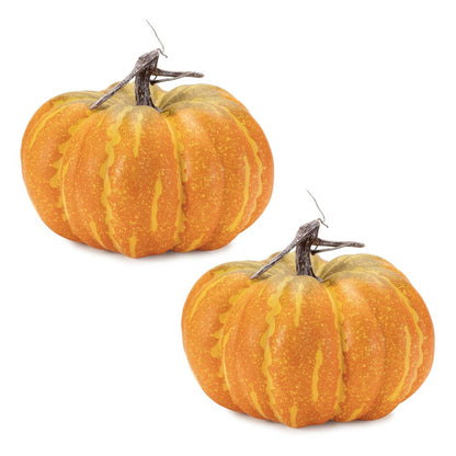 Set of Two Orange And Yellow Plastic Pumpkin Thanksgiving Pumpkin Tabletop Sculpture HomeRoots