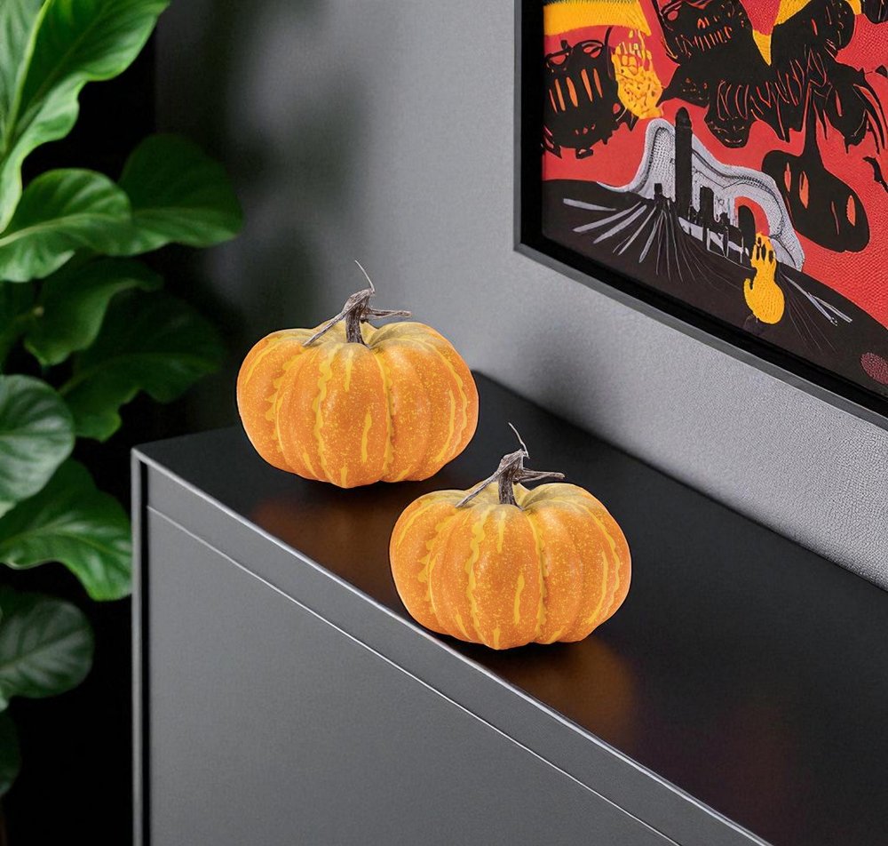 Set of Two Orange And Yellow Plastic Pumpkin Thanksgiving Pumpkin Tabletop Sculpture HomeRoots