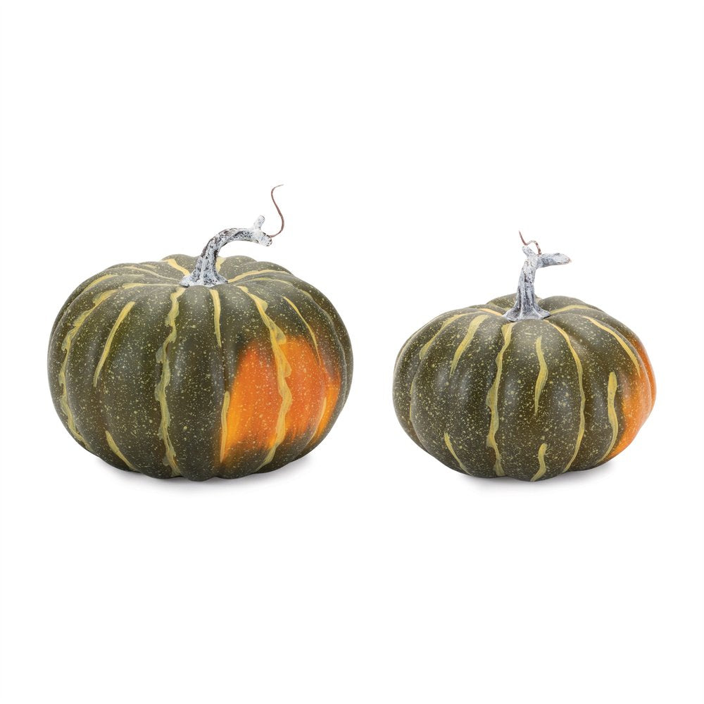 Set of Two Green And Orange Plastic Pumpkin Thanksgiving Pumpkin Tabletop Sculpture HomeRoots