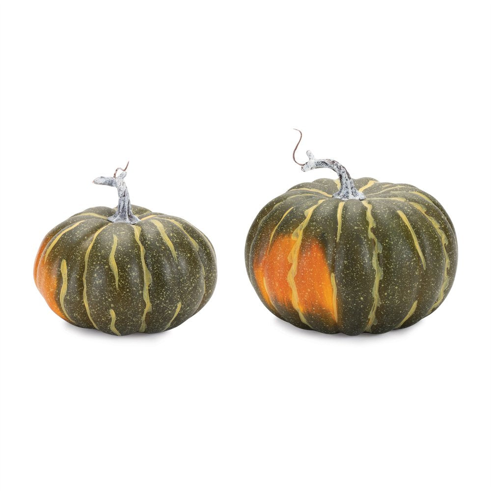 Set of Two Green And Orange Plastic Pumpkin Thanksgiving Pumpkin Tabletop Sculpture HomeRoots