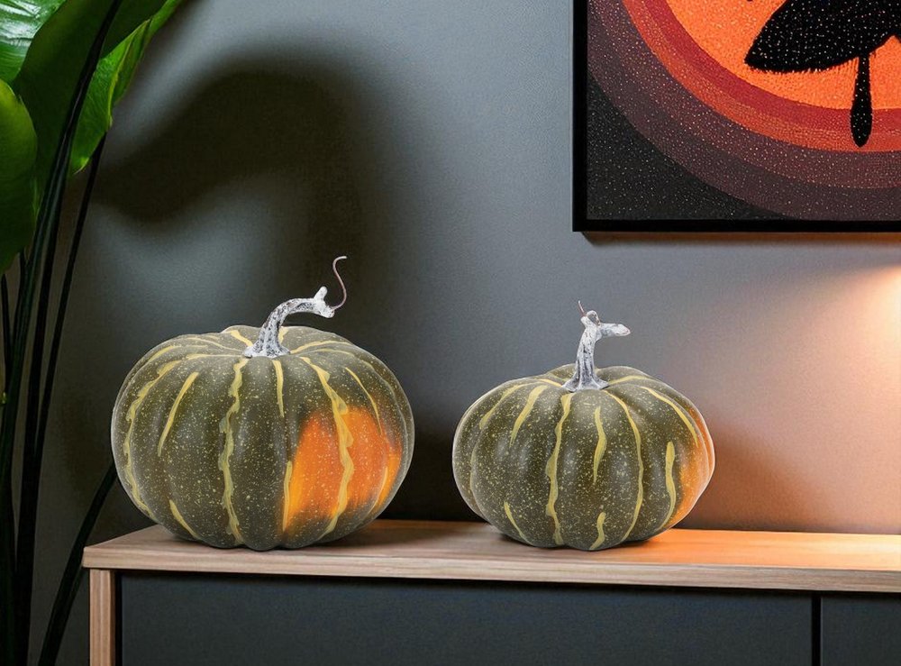 Set of Two Green And Orange Plastic Pumpkin Thanksgiving Pumpkin Tabletop Sculpture HomeRoots