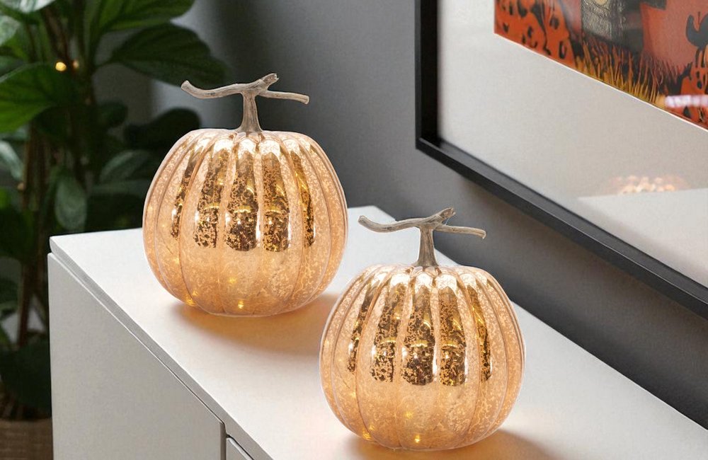Set of Two Orange And Brown Glass Pumpkin Thanksgiving Pumpkin Tabletop Sculpture with LED HomeRoots