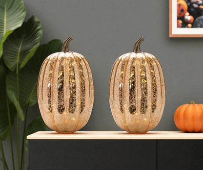Set of Two Orange Glass Pumpkin Thanksgiving Pumpkin Tabletop Sculpture with LED HomeRoots