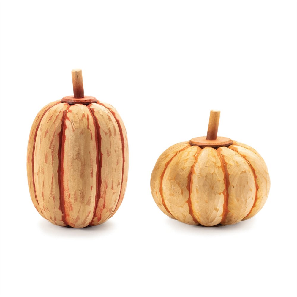 Set of Two Orange Wood Pumpkin Thanksgiving Pumpkin Tabletop Sculpture HomeRoots