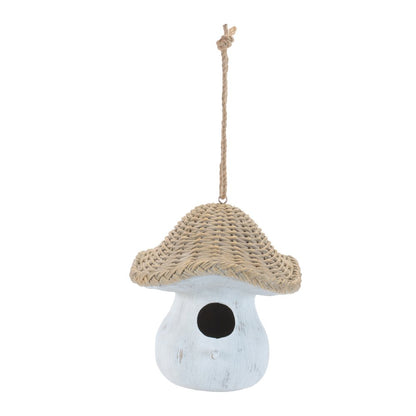 8" White And Beige Polyresin Mushroom Decorative Bird House HomeRoots