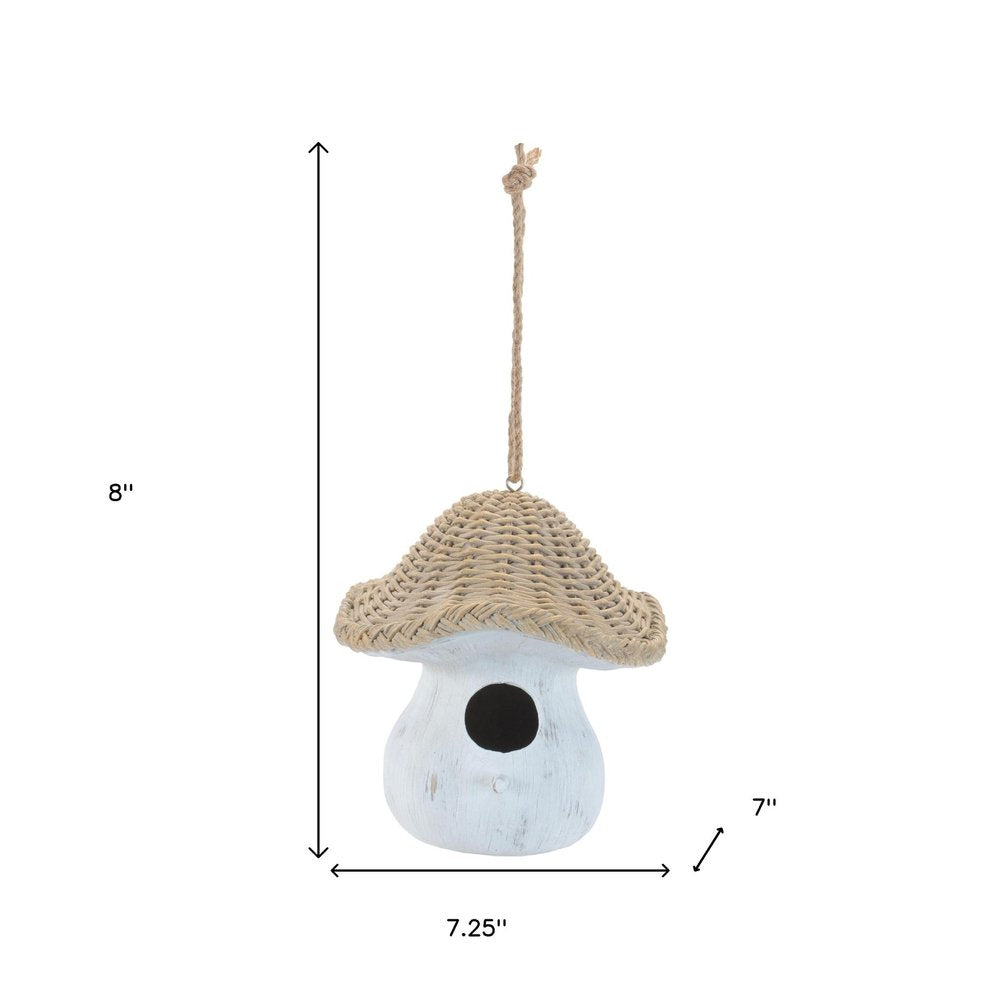 8" White And Beige Polyresin Mushroom Decorative Bird House HomeRoots