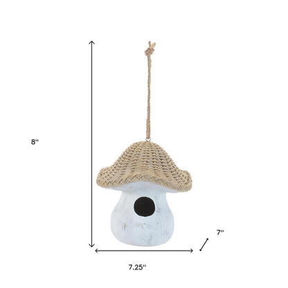 8" White And Beige Polyresin Mushroom Decorative Bird House HomeRoots