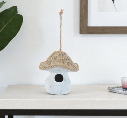 8" White And Beige Polyresin Mushroom Decorative Bird House HomeRoots