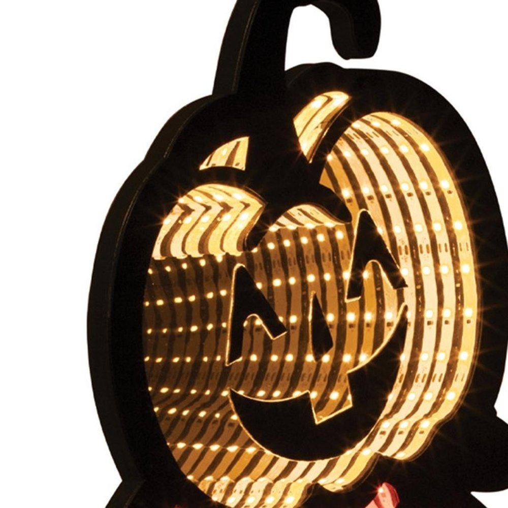 23" Orange Black And Yellow Acrylic Halloween Jack-O-Lantern Tabletop Sign with LED HomeRoots