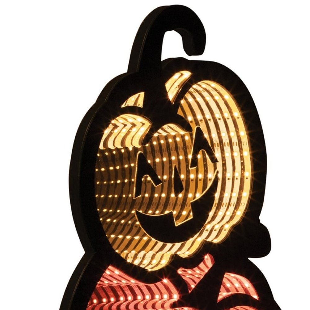 23" Orange Black And Yellow Acrylic Halloween Jack-O-Lantern Tabletop Sign with LED HomeRoots