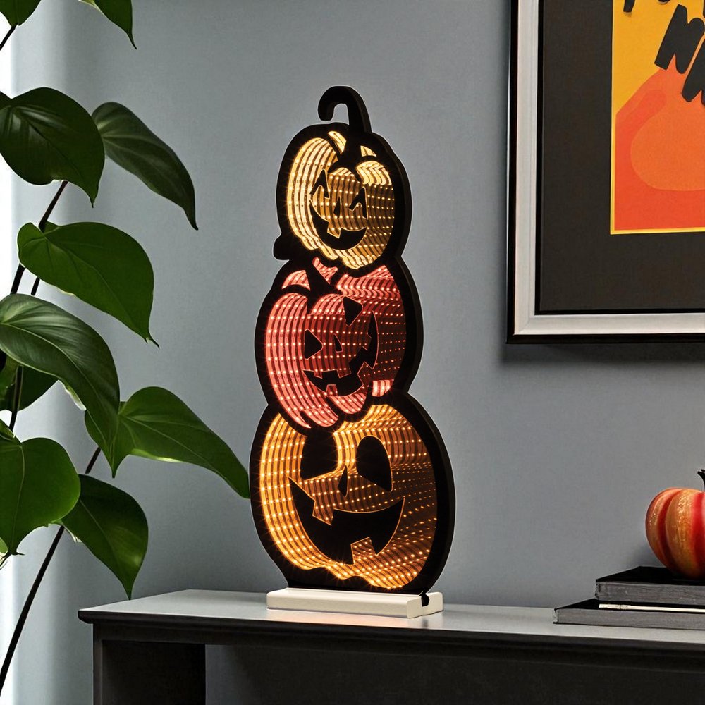 23" Orange Black And Yellow Acrylic Halloween Jack-O-Lantern Tabletop Sign with LED HomeRoots