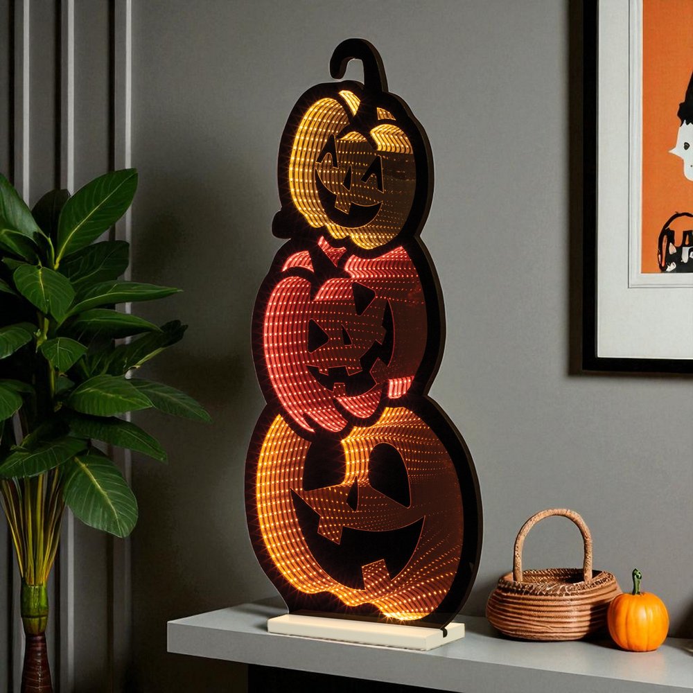 36" Orange Black And Yellow Acrylic Halloween Jack-O-Lantern Tabletop Sign with LED HomeRoots
