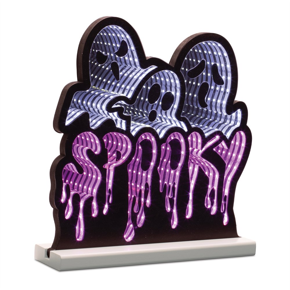 13" White Black And Purple Acrylic Halloween Ghost Tabletop Sign with LED HomeRoots