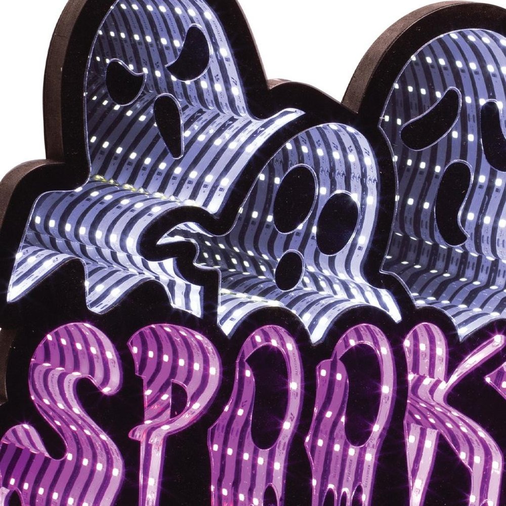 13" White Black And Purple Acrylic Halloween Ghost Tabletop Sign with LED HomeRoots