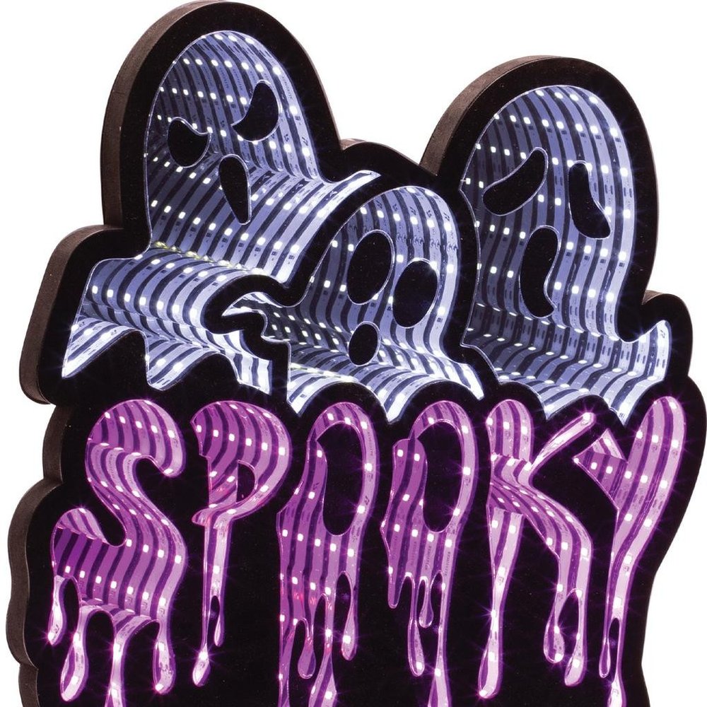 13" White Black And Purple Acrylic Halloween Ghost Tabletop Sign with LED HomeRoots