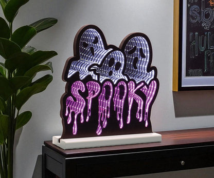 13" White Black And Purple Acrylic Halloween Ghost Tabletop Sign with LED HomeRoots