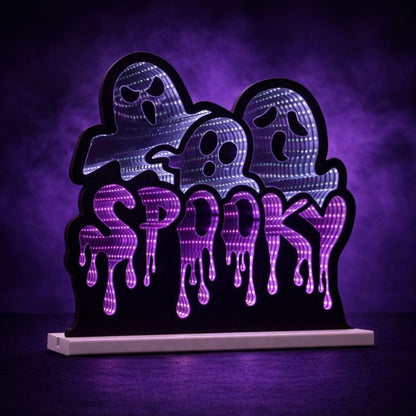 15" White Black And Purple Acrylic Halloween Ghost Tabletop Sign with LED HomeRoots