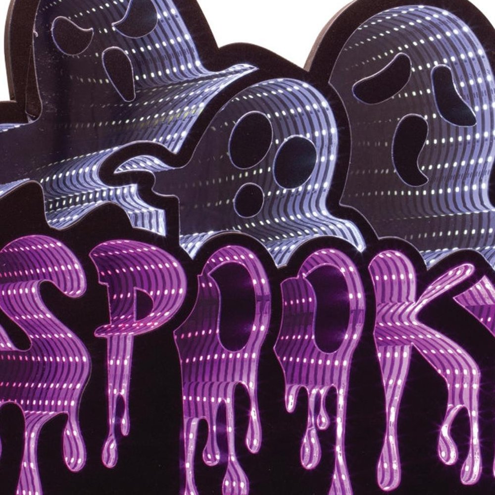 15" White Black And Purple Acrylic Halloween Ghost Tabletop Sign with LED HomeRoots