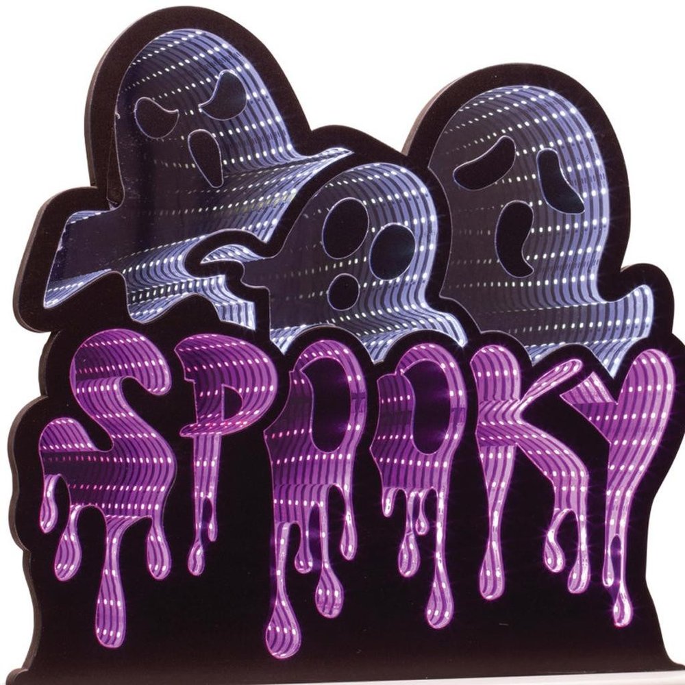 15" White Black And Purple Acrylic Halloween Ghost Tabletop Sign with LED HomeRoots