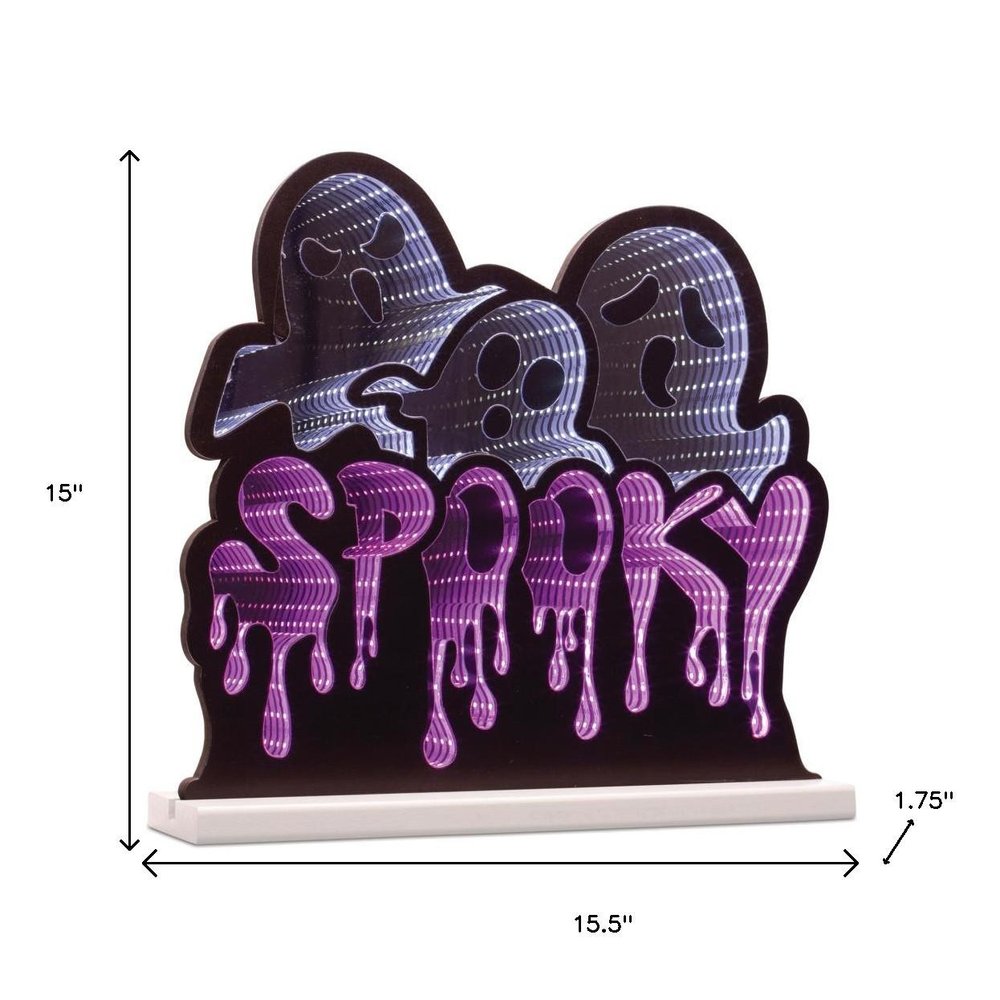 15" White Black And Purple Acrylic Halloween Ghost Tabletop Sign with LED HomeRoots