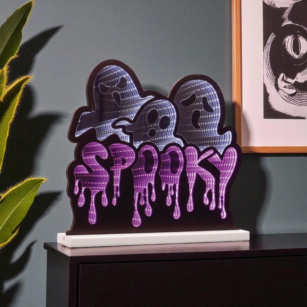 15" White Black And Purple Acrylic Halloween Ghost Tabletop Sign with LED HomeRoots