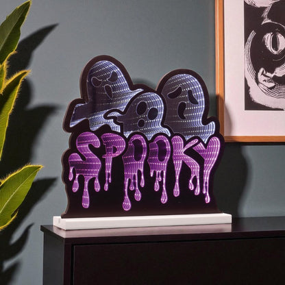 15" White Black And Purple Acrylic Halloween Ghost Tabletop Sign with LED HomeRoots