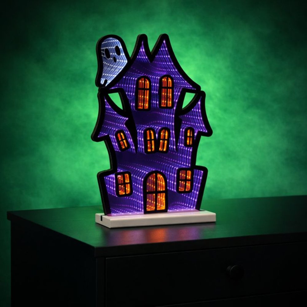 16" Black Orange And Purple Acrylic House Halloween Ghost Tabletop Sign with LED HomeRoots