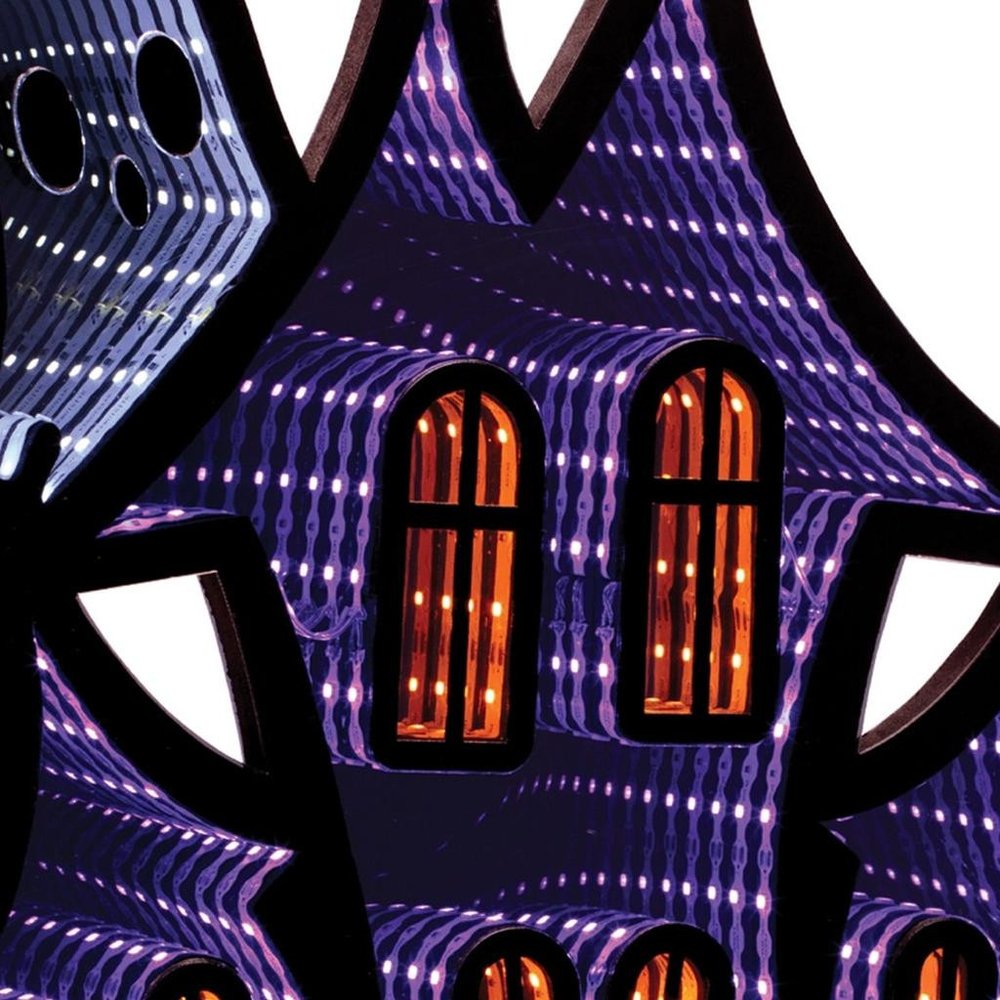 16" Black Orange And Purple Acrylic House Halloween Ghost Tabletop Sign with LED HomeRoots