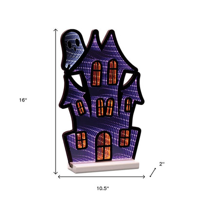 16" Black Orange And Purple Acrylic House Halloween Ghost Tabletop Sign with LED HomeRoots