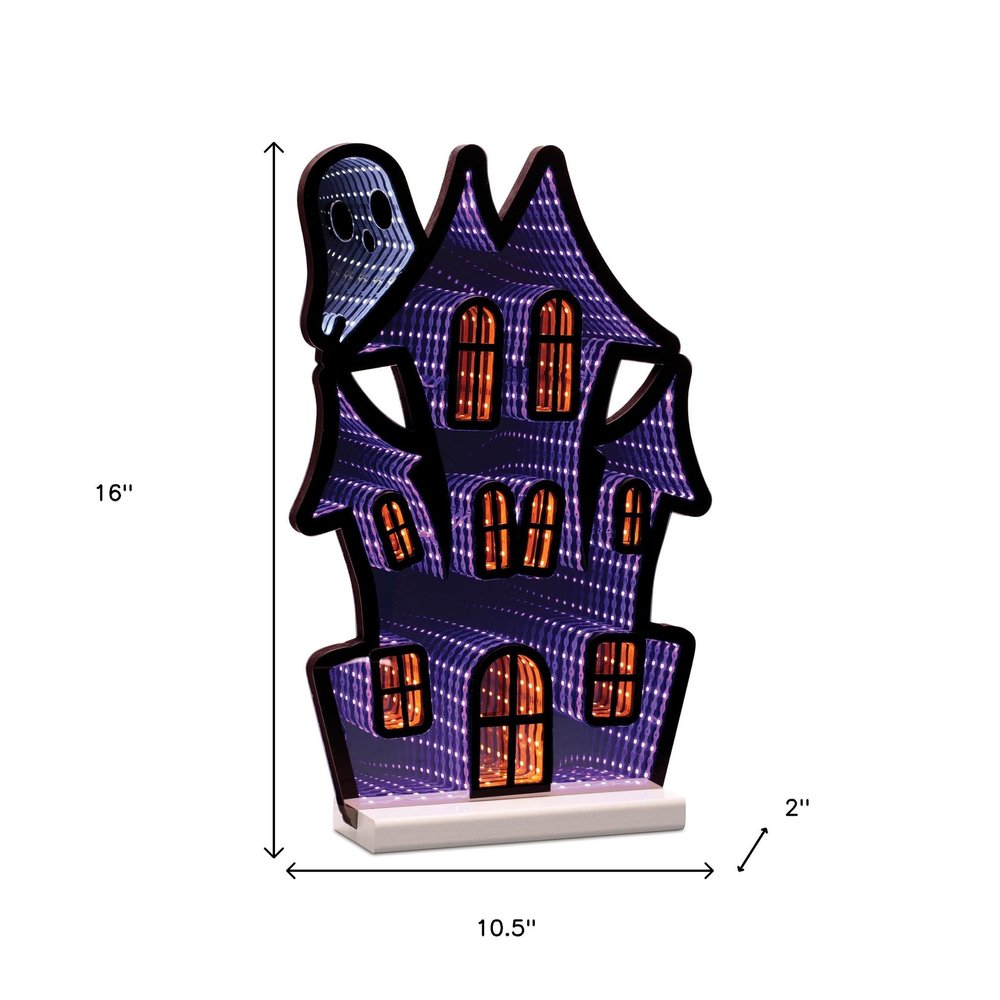 16" Black Orange And Purple Acrylic House Halloween Ghost Tabletop Sign with LED HomeRoots