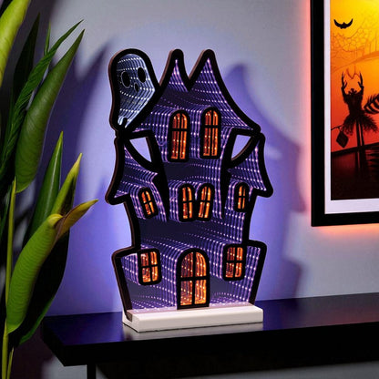 16" Black Orange And Purple Acrylic House Halloween Ghost Tabletop Sign with LED HomeRoots