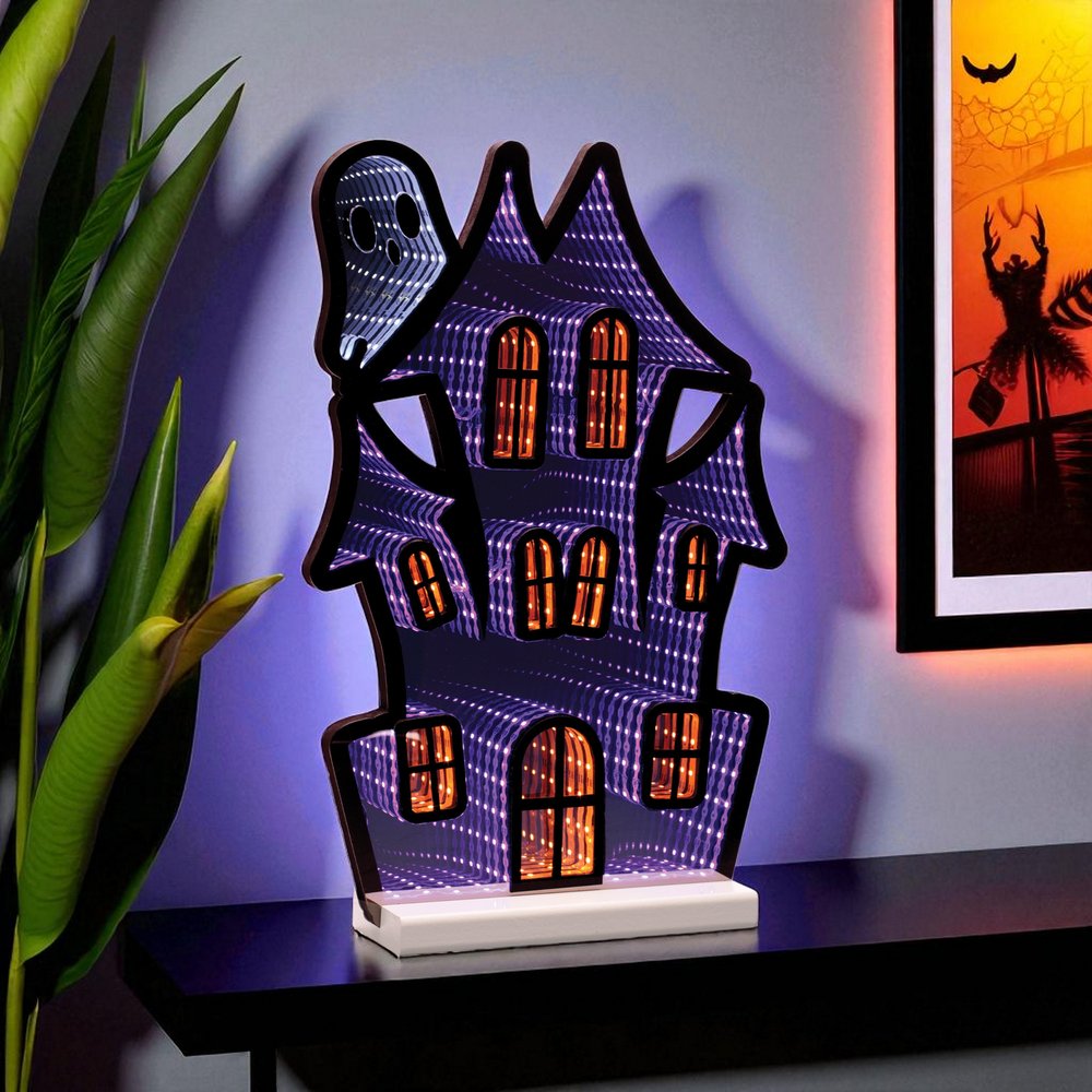 16" Black Orange And Purple Acrylic House Halloween Ghost Tabletop Sign with LED HomeRoots