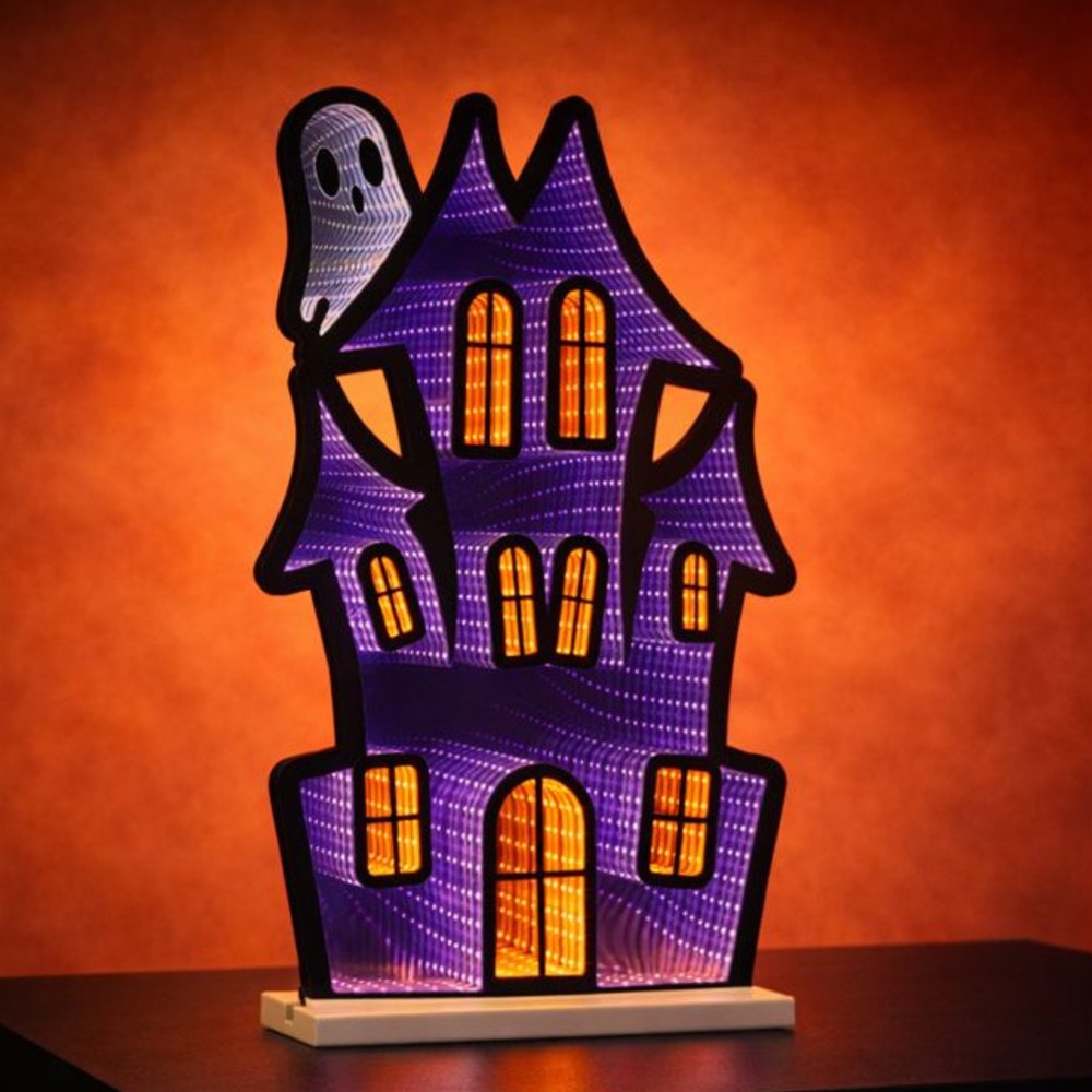 24" Black Orange And Purple Acrylic House Halloween Ghost Tabletop Sign with LED HomeRoots