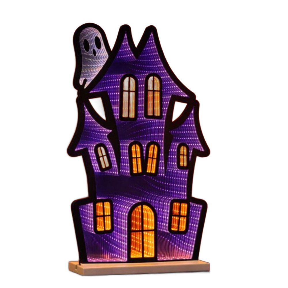 24" Black Orange And Purple Acrylic House Halloween Ghost Tabletop Sign with LED HomeRoots