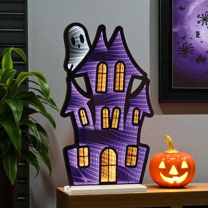 24" Black Orange And Purple Acrylic House Halloween Ghost Tabletop Sign with LED HomeRoots
