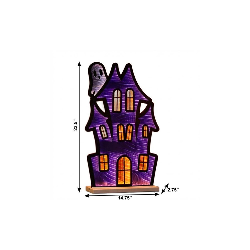 24" Black Orange And Purple Acrylic House Halloween Ghost Tabletop Sign with LED HomeRoots