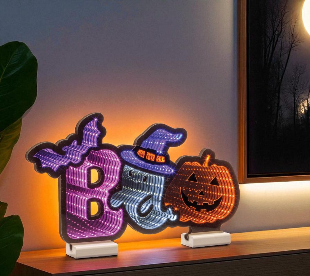 10" Purple Orange And Black Acrylic Halloween Tabletop Sign with LED HomeRoots