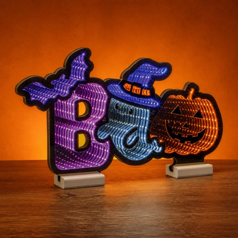 10" Purple Orange And Black Acrylic Halloween Tabletop Sign with LED HomeRoots