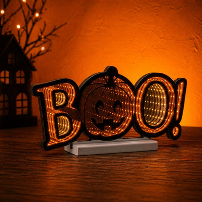 8" Orange And Black Acrylic Halloween Tabletop Sign with LED HomeRoots