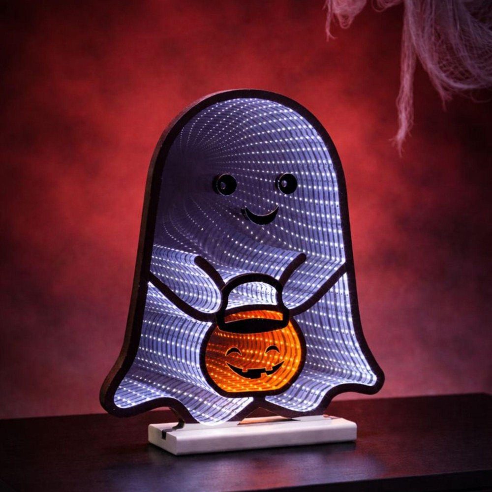 16" White Orange And Black Acrylic Halloween Ghost Tabletop Sign with LED HomeRoots