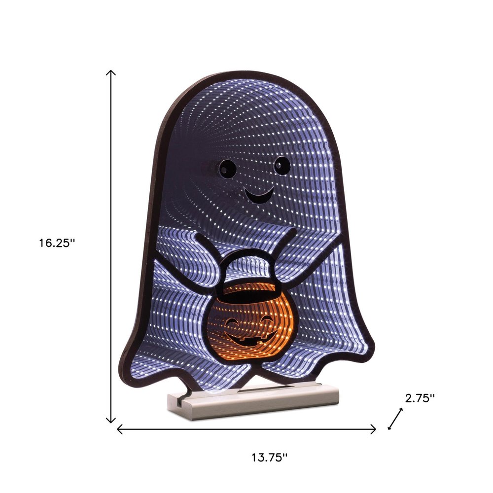 16" White Orange And Black Acrylic Halloween Ghost Tabletop Sign with LED HomeRoots