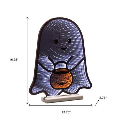 16" White Orange And Black Acrylic Halloween Ghost Tabletop Sign with LED HomeRoots