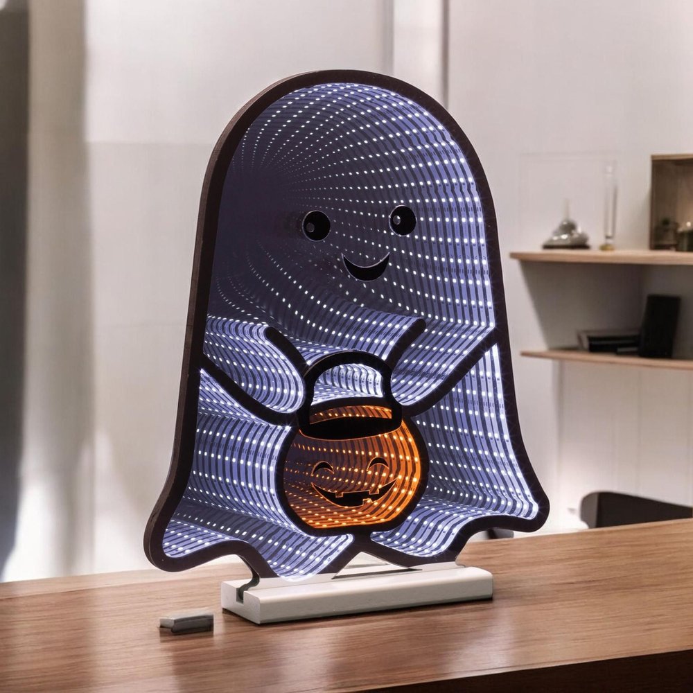 16" White Orange And Black Acrylic Halloween Ghost Tabletop Sign with LED HomeRoots