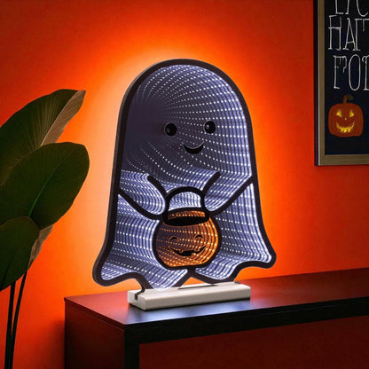 16" White Orange And Black Acrylic Halloween Ghost Tabletop Sign with LED HomeRoots