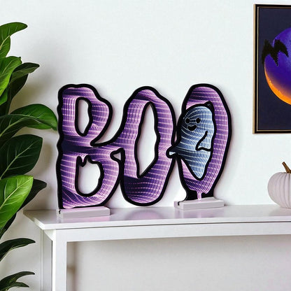 16" Purple Black And White Acrylic Halloween Ghost Tabletop Sign with LED HomeRoots