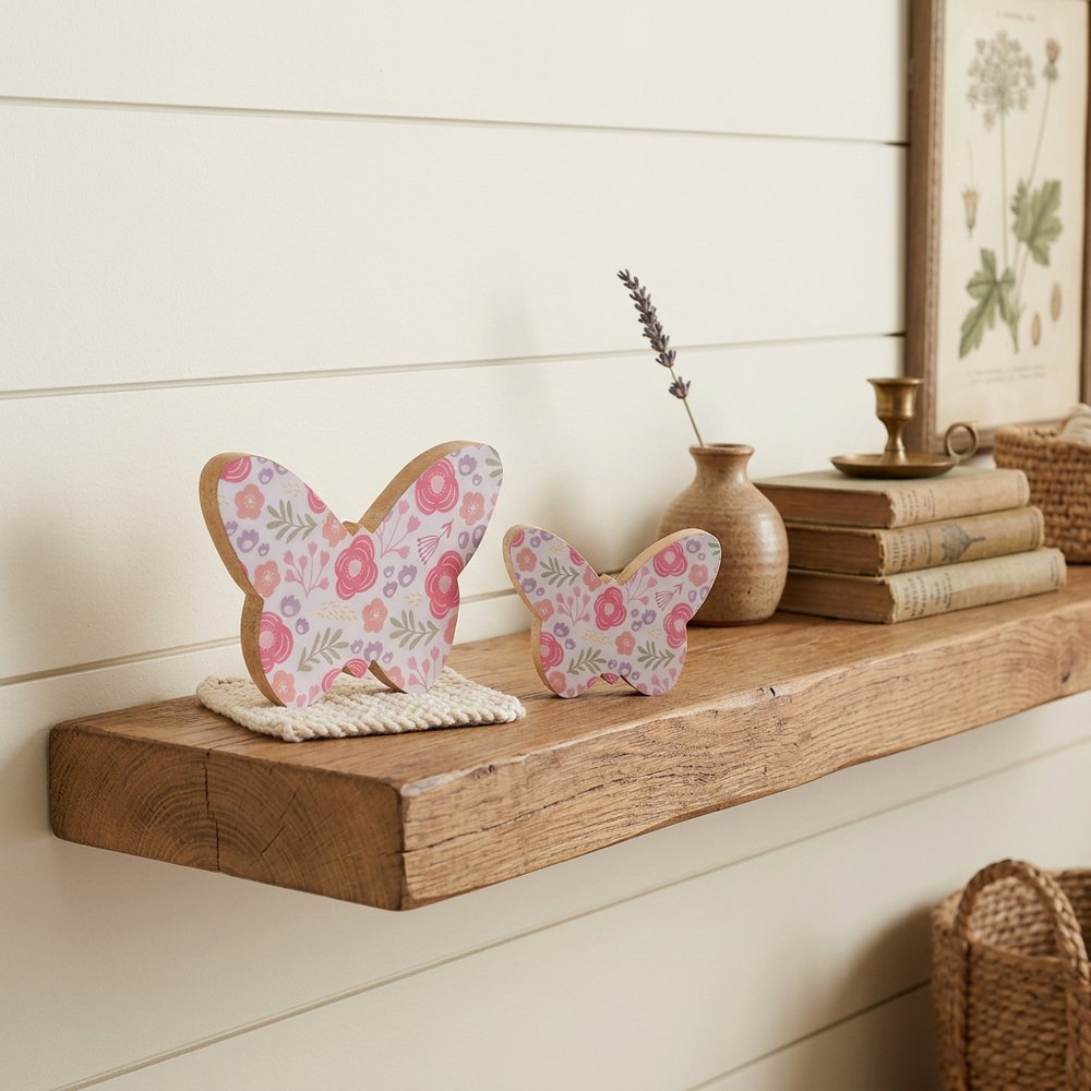 Set of Two White And Pink Wood Butterfly Tabletop Sculptures HomeRoots