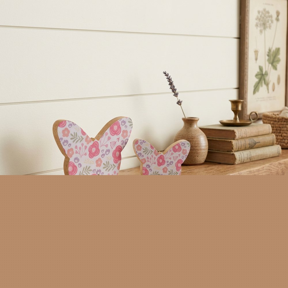 Set of Two White And Pink Wood Butterfly Tabletop Sculptures HomeRoots